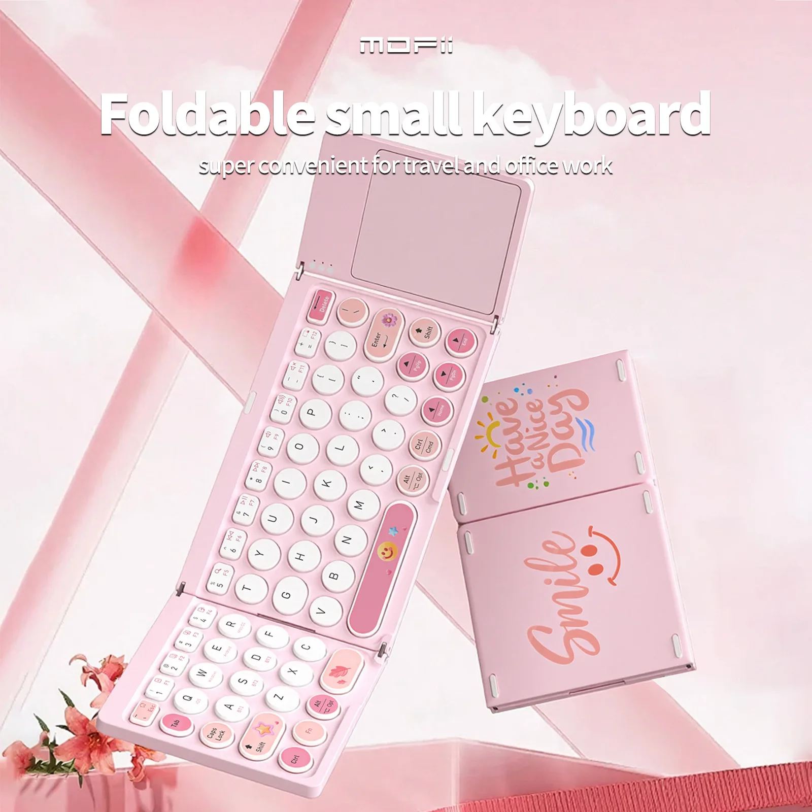 Foldable Bluetooth Keyboard with Touchpad Pink Cute Portable Wireless Keyboard for Tablet iPad iOS Windows Android Travel Office