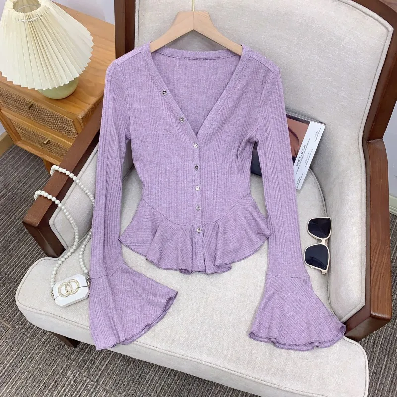 니트 브이넥 허리 러플 탑