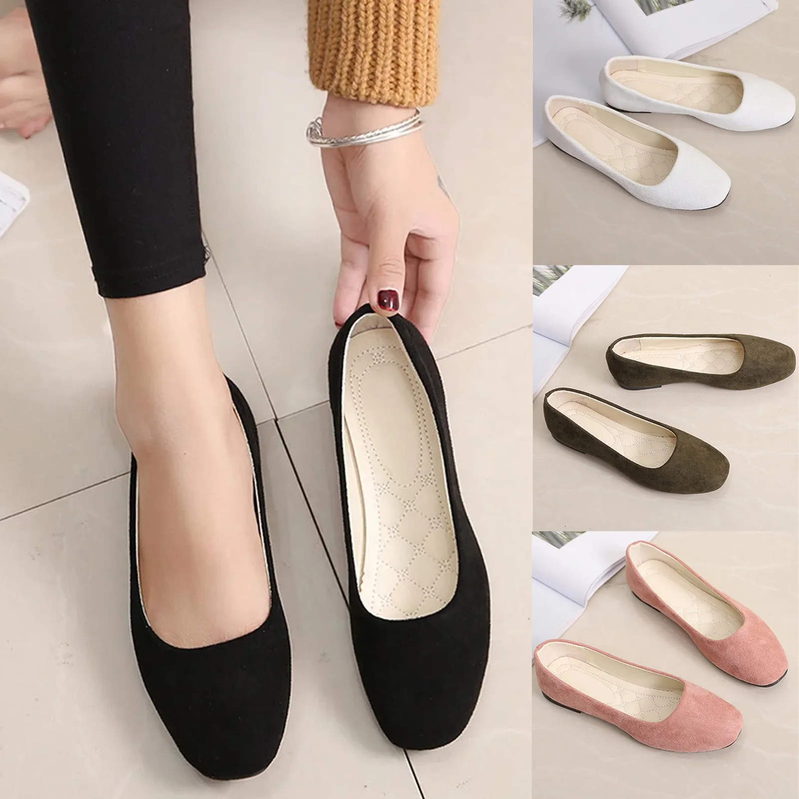 2024 Women Suede Square Flat Heel Shallow Female Shoes Spring Summer Square Toe Basic Concise Women Pumps Size 34-39