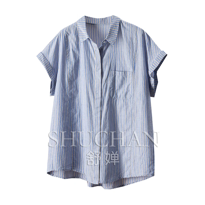 

High-quality Cabinet 60 Cotton Striped Short-sleeved Shirt Women's 9W83 Blusas Mujer De Moda 2025 Verano