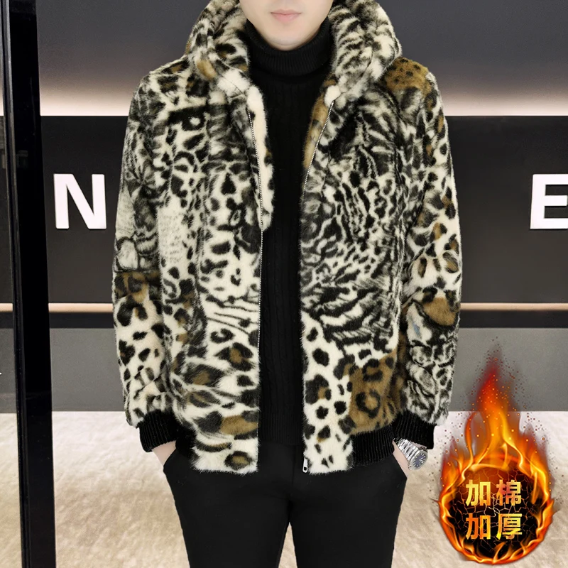 

2025 Winter Leopard Print Faux Fur Jacket Men Thick Warm Hooded Casual Cotton Jackets Business Social Business Faux Mink Coat