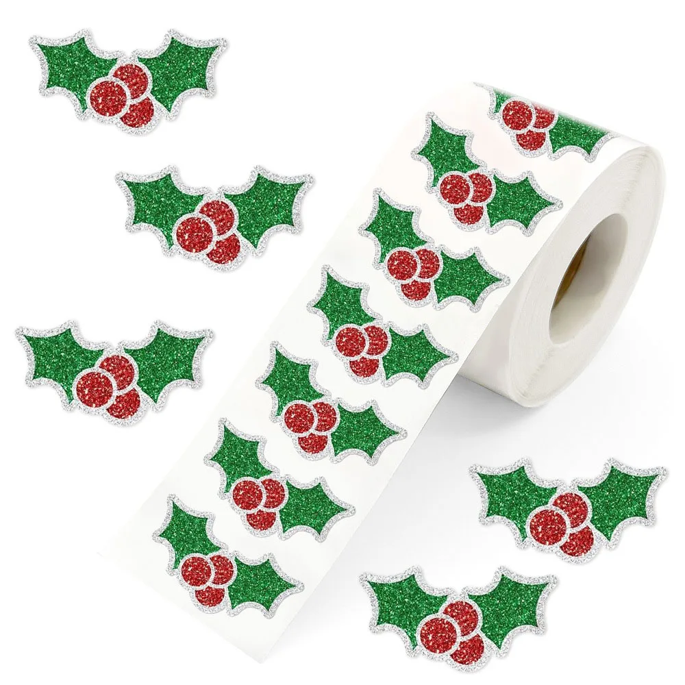 500pcs Roll Stickers Glitter Christmas Holly Berry Roll Stickers Gift Greeting Cards Holiday Handmade Funny Decoration Stickers