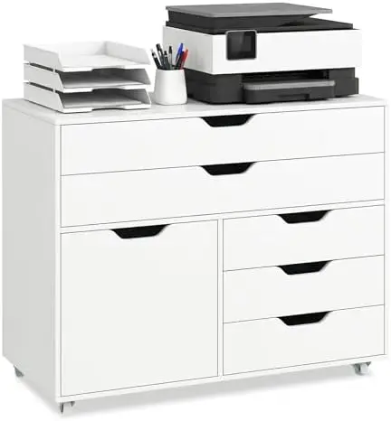 File Cabinet, Rolling File Cabinet with 5 Drawers, Door & Lockable Metal Wheels, Mobile Filing Cabinet with Storage
