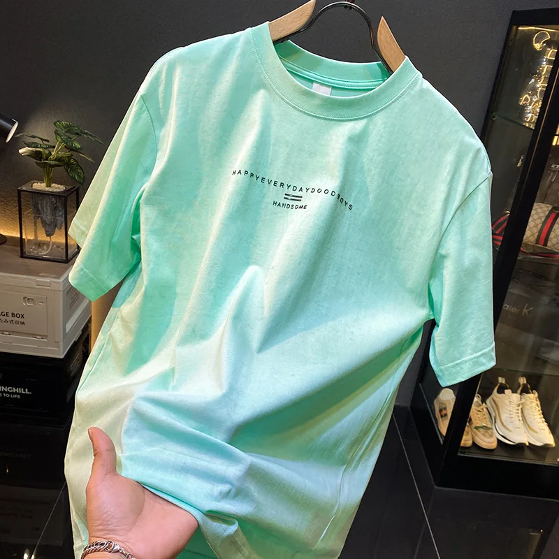Summer fashion color short sleeved T-shirt men's simple print high-end elastic breathable loose