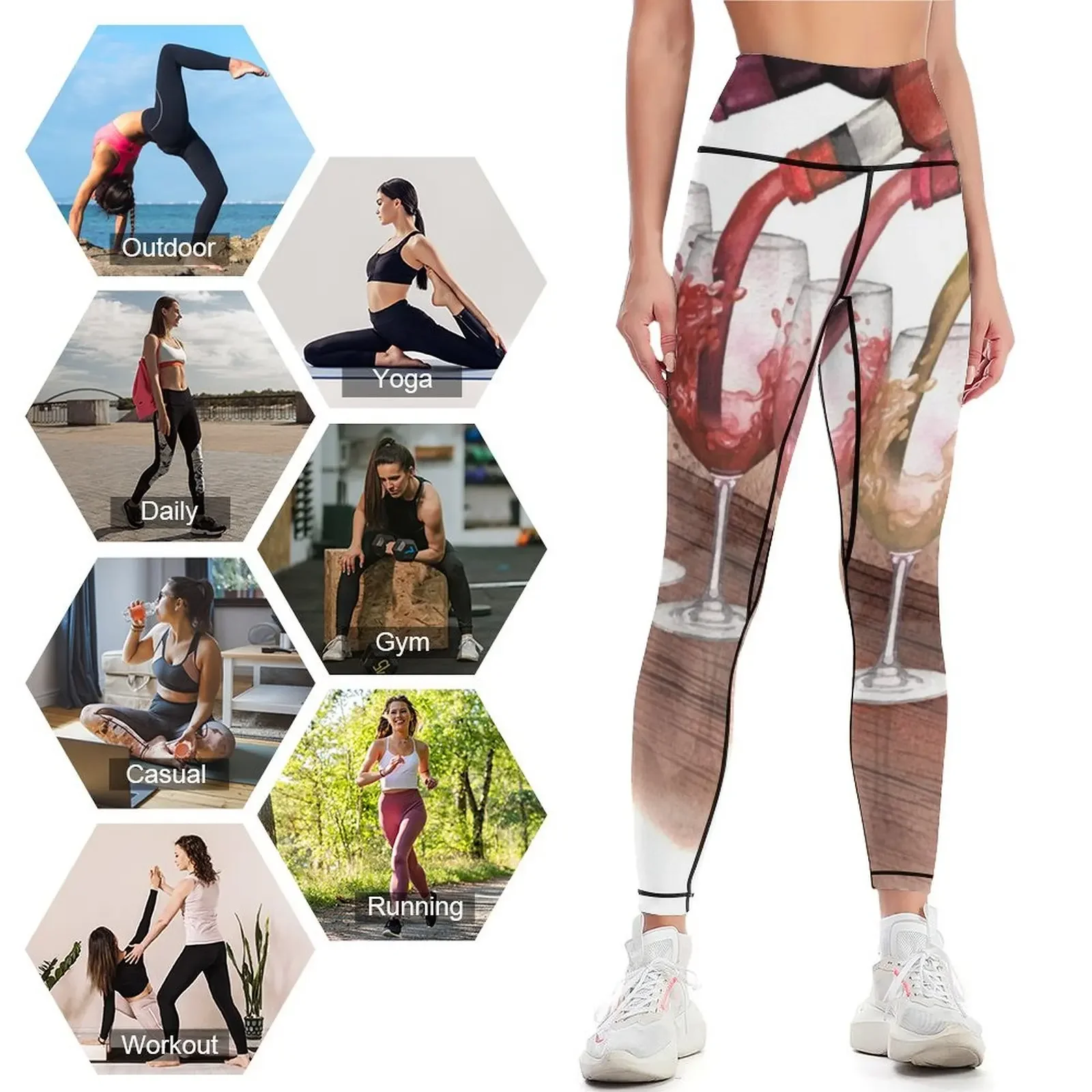 Watercolor red, white and rose wines pouring from bottles into glasses standing on a wooden table Leggings