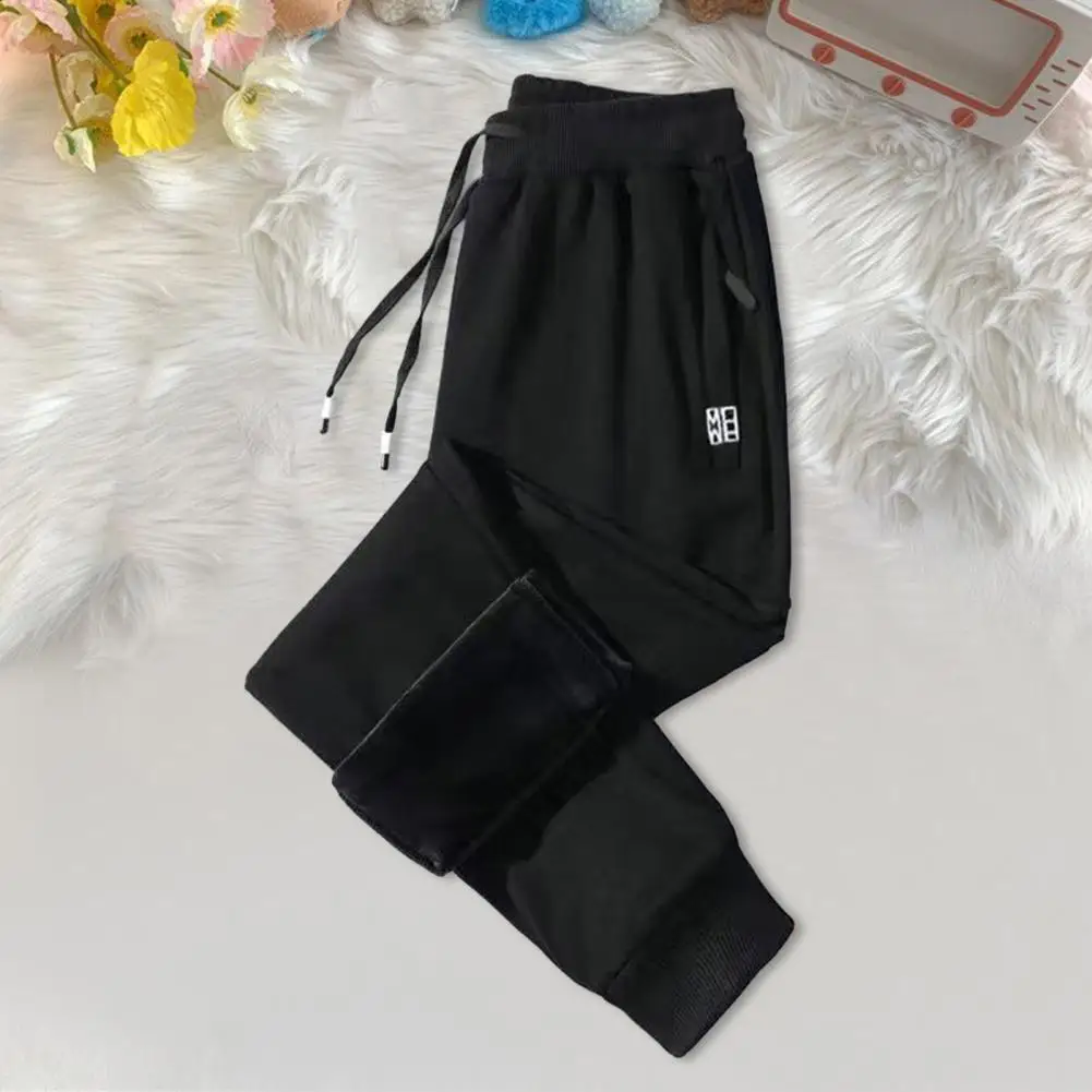 

Soft Plush Pants Solid Color Pants Thick Plush Men's Winter Pants with Drawstring Waist Zipper Pockets Wide Leg for Fall