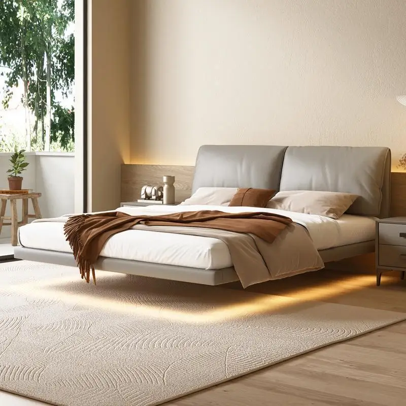 Baby elephant ear leather bed first layer cowhide master bedroom small apartment down double bed