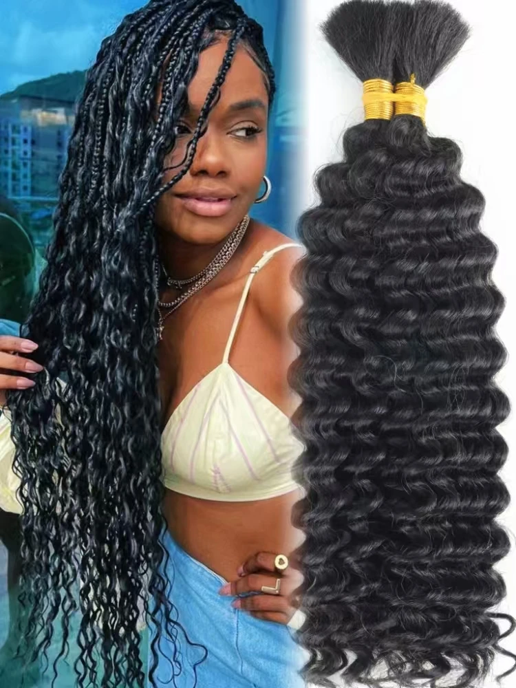 Cabello trenzado humano para trenza Boho, cabello humano a granel de onda profunda de 16 pulgadas para trenzar, paquete sin trama, cabello rizado virgen brasileño 12A