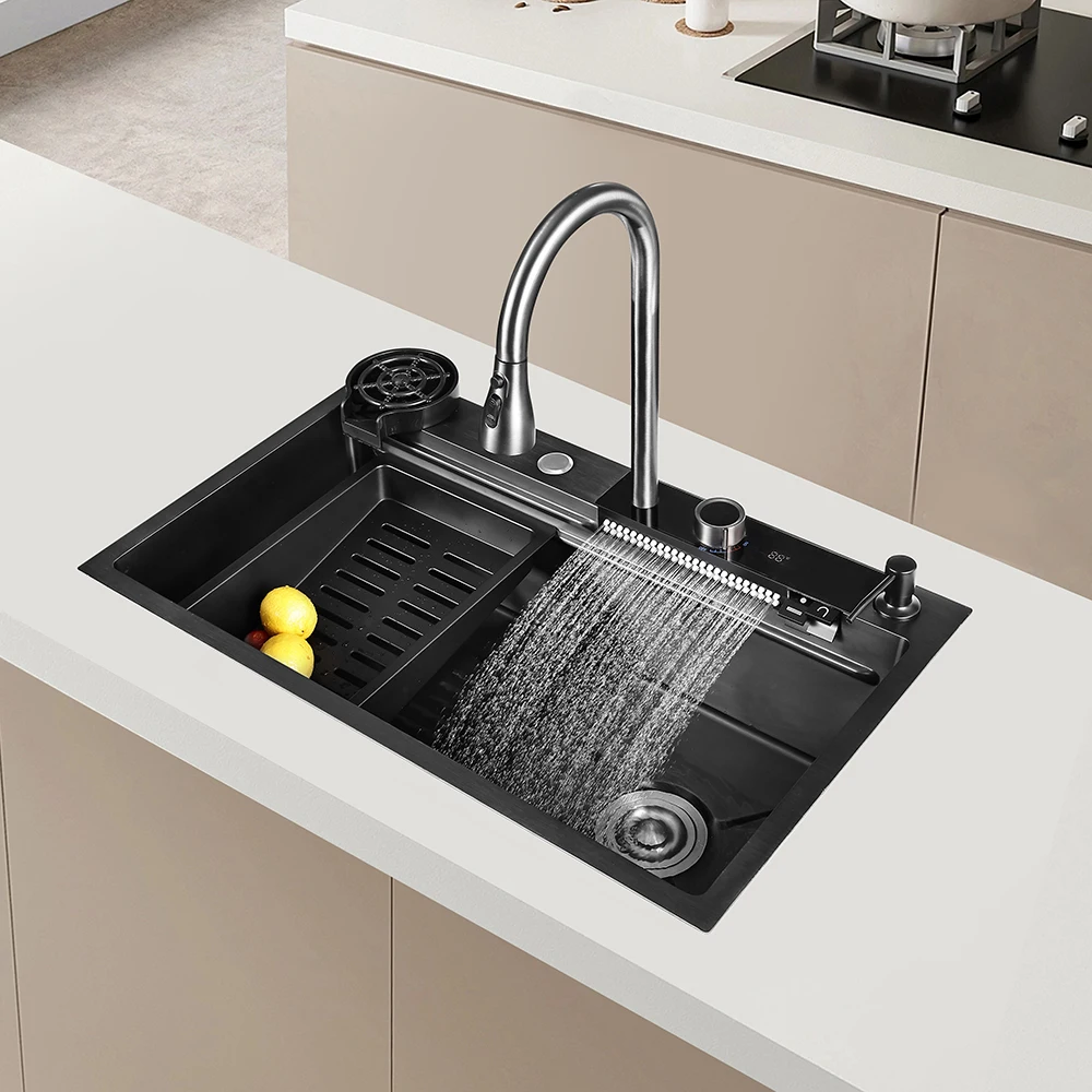 Kitchen sink Flying rain waterfall integrated stainless steel pull faucet sink set under the wash basin large single trough