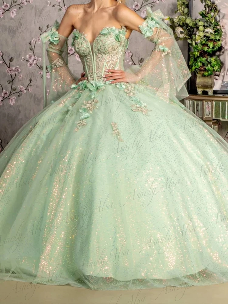 NW56 ที่กําหนดเองเม็กซิกันมะนาวผู้หญิง Proms ชุดวันเกิดลูกไม้ Applique แขนยาว Puffy Vestido De xv Quinceanera 15