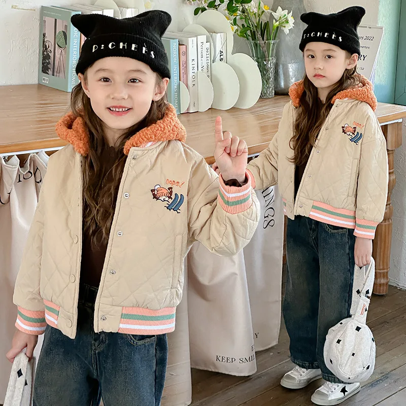 ZOETOP Winter Children Girl Cotton Jacket School Girl Thicken Warm Wool Hooded Casual Padded Jacket Junior Girl Outwears