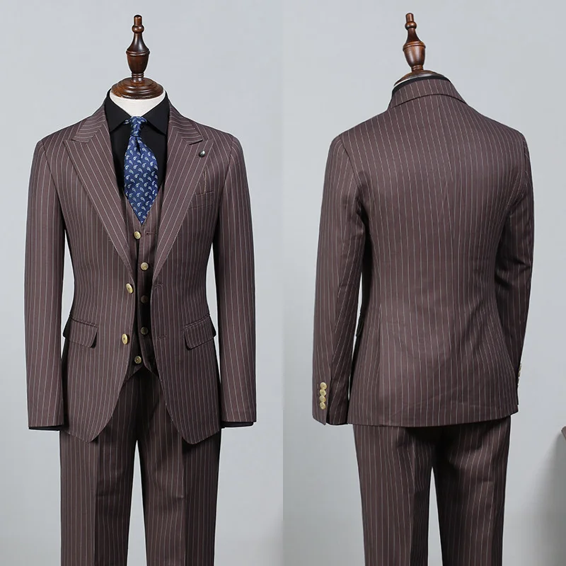 

Mens Stripe Suits Slim Fit 3 Piece Single-breasted Suit Jacket Vest Pants Set for Wedding Prom