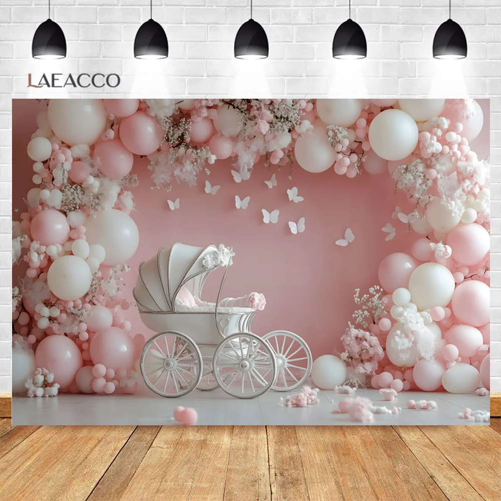 Laeacco Happy Birthday Photography Backdrop Pink Little Girl Stroller Balloon Arch Butterfly Pendant Portrait Photo Background