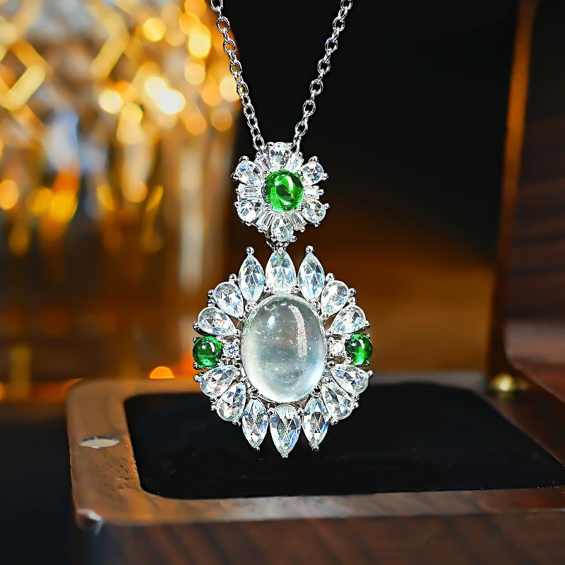 

Natural Water Foam Jade 925 Silver Charm Pendant Set with High Carbon Diamond Ice Fluorescent Versatile Women