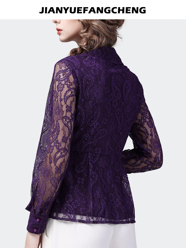 2024 Spring Summer Womens Purple Lace Shirt Hollow Out Suit Collar Tops Elegant Slim Paisley Office Ladies Blouses