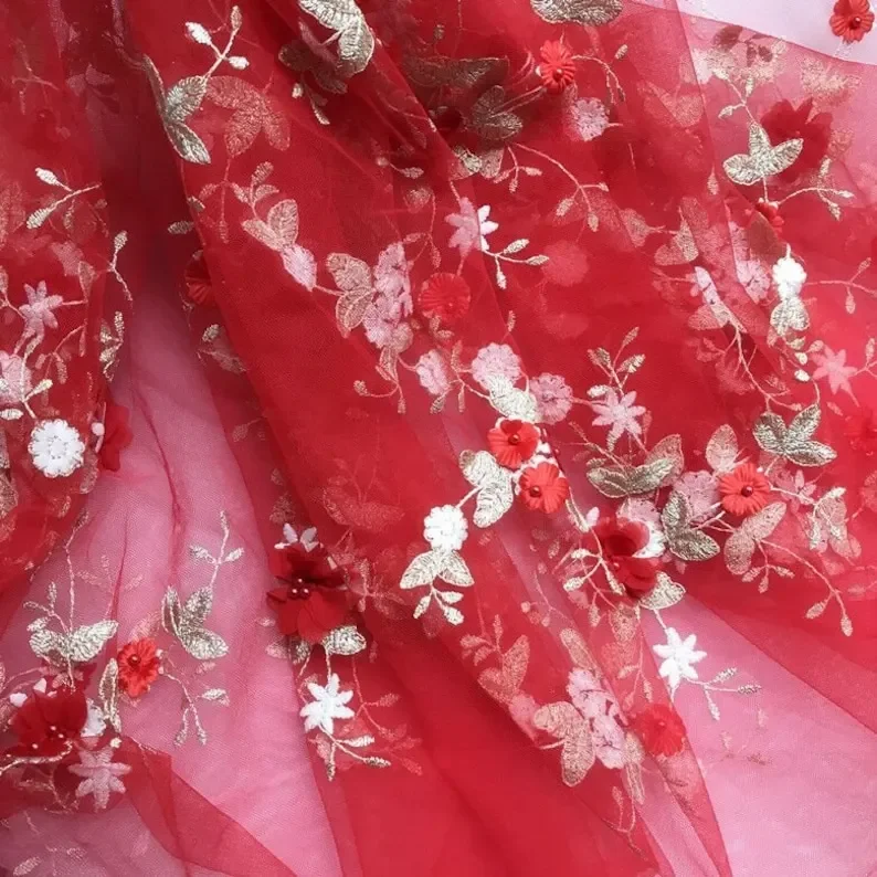 7 colores 3D flores de gasa bordado dorado tela de encaje flor con cuentas perlas tela de tul para vestido de novia velo de novia