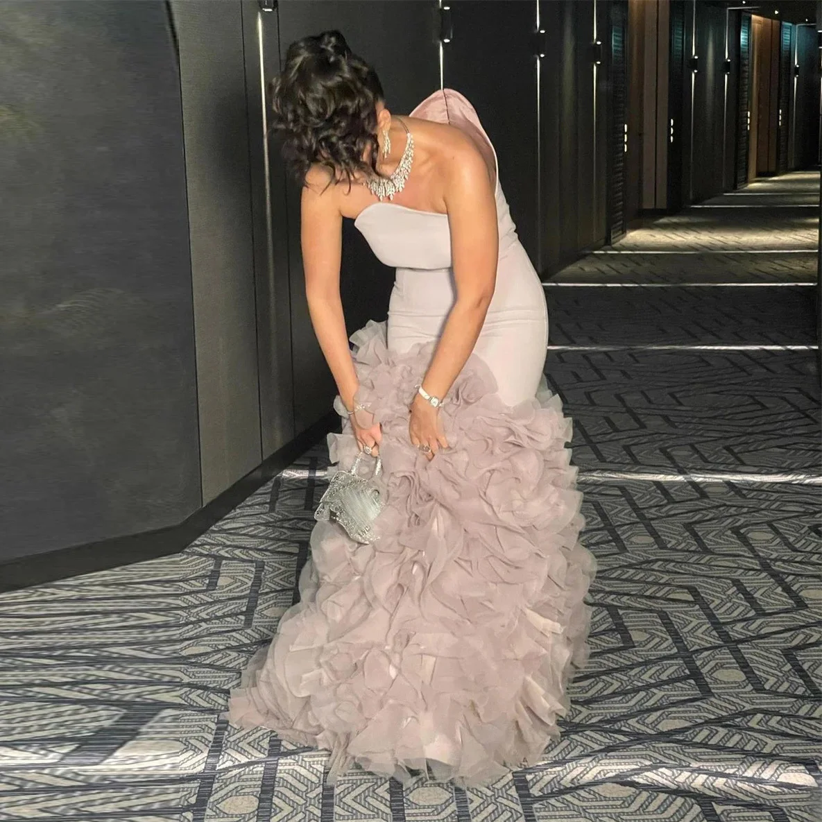 WHOSAY Ruffles Tulle Mermaid Prom Dresses Scalloped Neck Evening Party Dress Zipper Back Celebrity Women Wear Saudi Arabia Gowns