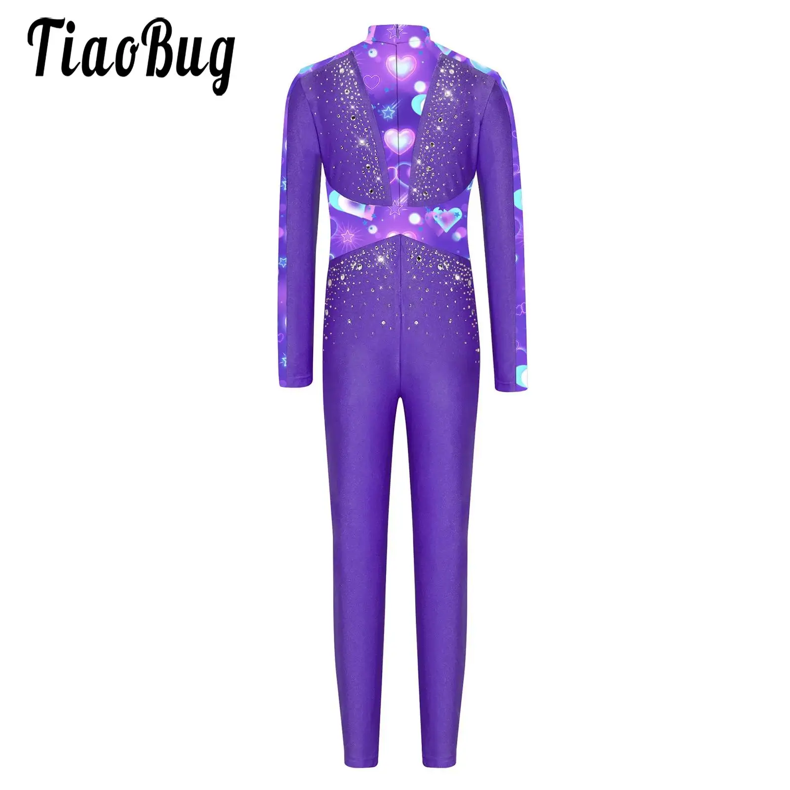

Kids Girls Printed Ballet Jersey Gymnastics Figure Skating Unitards Costume Long Sleeve Rhinestones Full Body Leotard Bodysuit