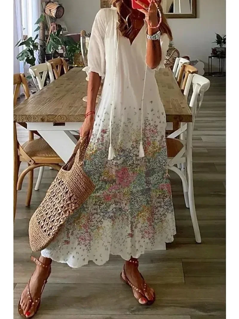 

Summer Bohemian Resort-style Flower Print Dress Long-sleeve V-neck Dresses Y2k Vestido De Mujer Vintage Beach Maxi Dress Платье