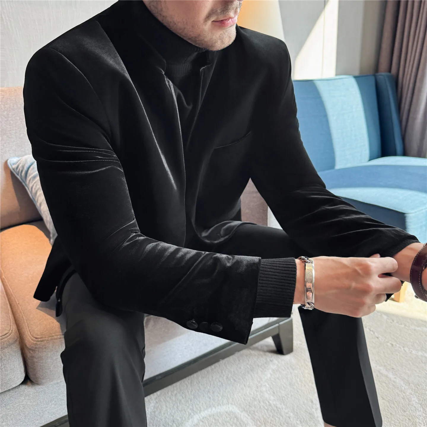 سترة بدلة كاجوال مخملية ذات ياقة واقفة على الطراز الصيني الجديدة عالية الجودة، بدلة سوداء سميكة لخريف وشتاء #4