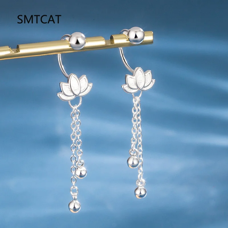 

Real 925 Sterling Silver Lotus Flower Tassel Chain Beads Screw Stud Earrings For Women Wedding Party Fine Jewelry