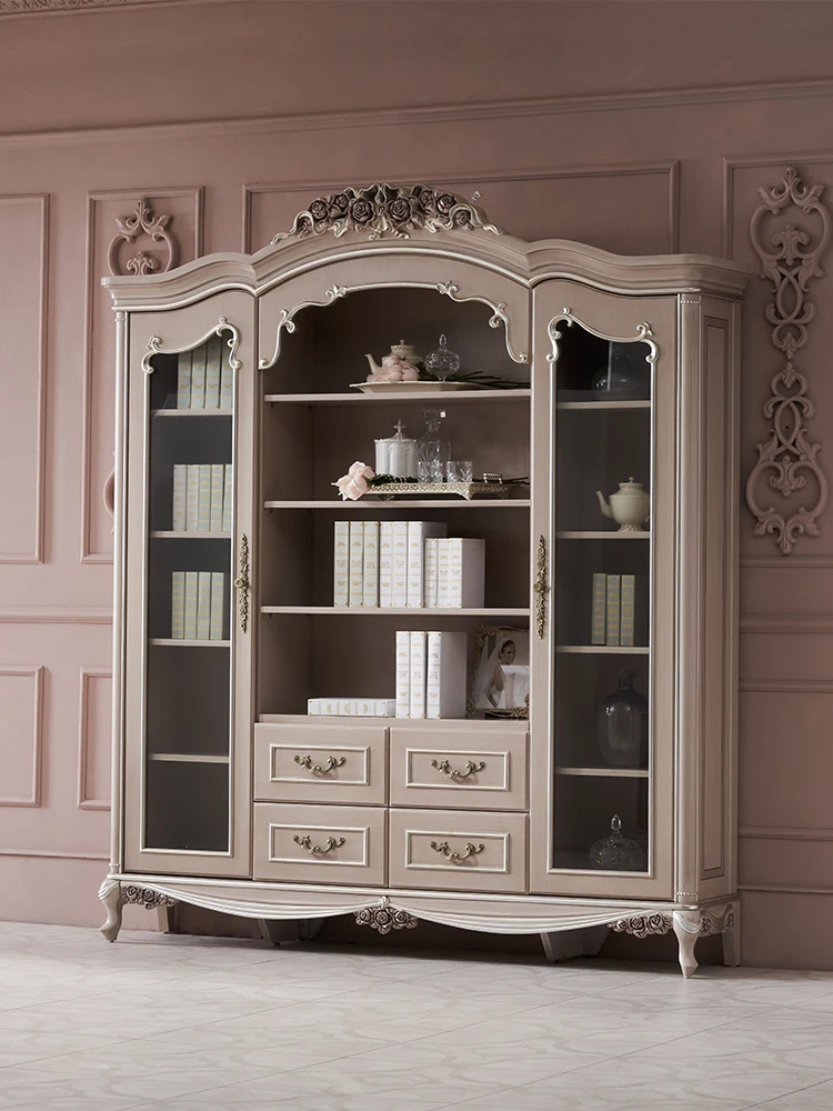 Equipped with European style retro solid wood storage cabinet, solid wood study, desk, chair, and bookcase combination