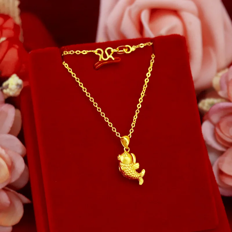 Korean Real 24K Gold Necklace Pendant for Women Gold Jewelry Lucky Fish Pendant Chain Necklace Choker Anniversary Birthday Gifts