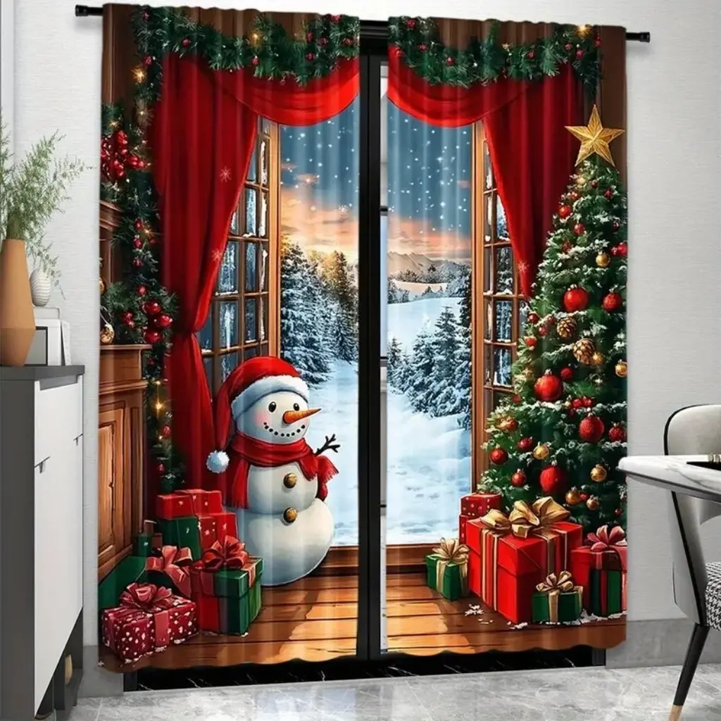 2-piece Admiralty Christmas polyester curtain festive digital print, machine washable, bedroom living room decoration