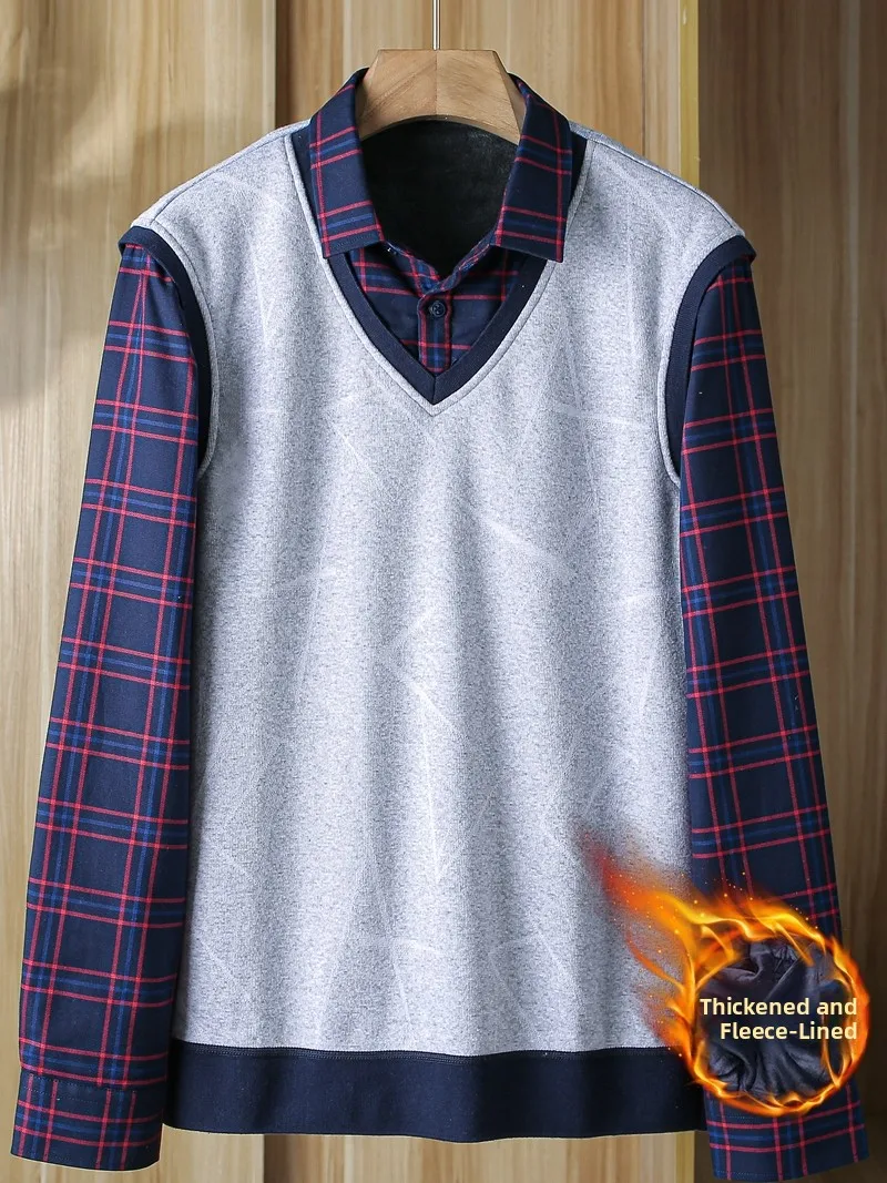 

Мужская вязаная рубашка в клетку с воротником, на флисовой подкладке, утепленная, зимняя, для повседневной носки, модная, городская, стильная, с длинным рукавом, базовая, массовая модель