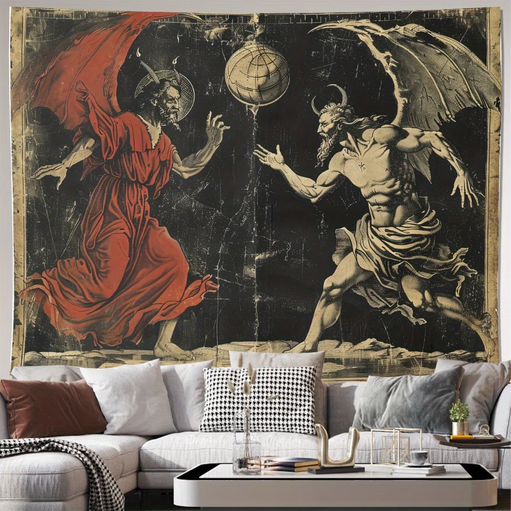 God vs Devil Tapestry Wall Hanging Vintage Satan Lucifer Demon Art Fabric Poster for Living Room Bedroom Home Decor