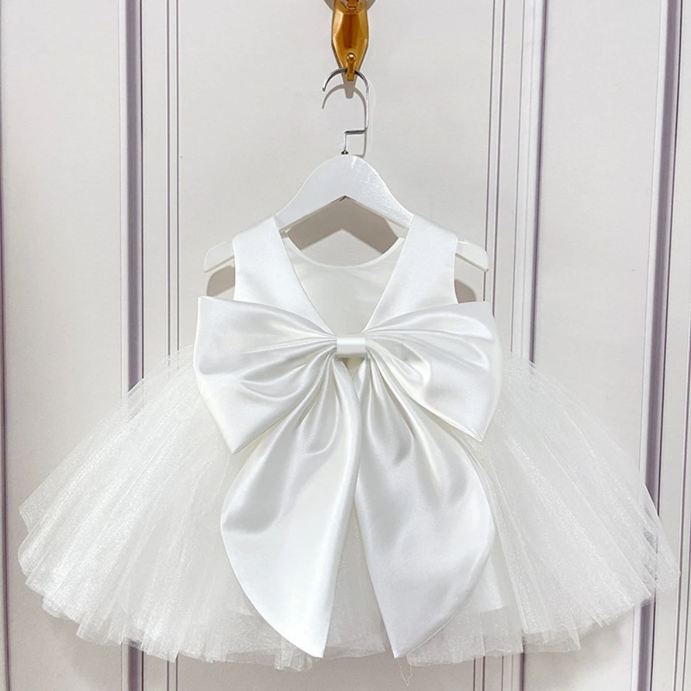 Charming Pink Bow Ball Gown Kids Wedding Party Clothes Puffy Tulle Pearls Flower Girls Dresses For Wedding Customized