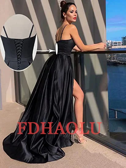 Customized FDHAOLU Black Women\'s Slim Strap Split Satin Prom Dresses Long Evening Dresses with Pocket RU165