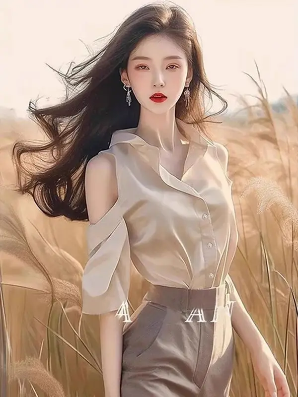 

Light Luxury High-end and Elegant Feeling Chic and Beautiful Fashionable and High-end Retro Apricot Off-shoulder Shirt