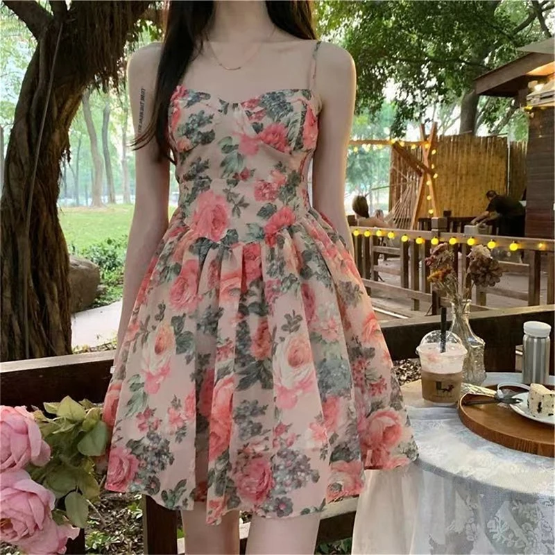 Sleeveless Dress Women Floral Sexy A-line Elegant French Style Summer Spaghetti Strap Mini Dresses Stylish Female