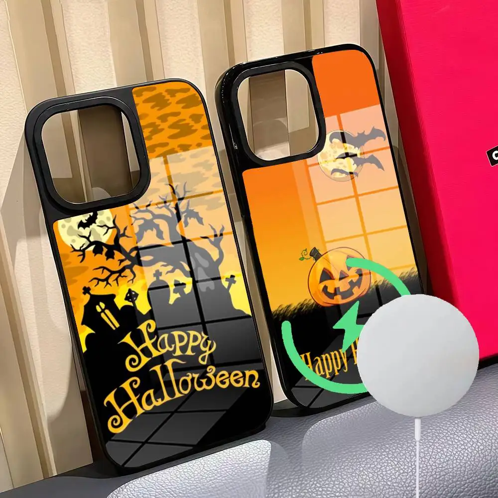 

bat Autumn leaves fall pumpkin Halloween Phone Case for Iphone 17 16 15 14 12 11 13 Pro Max Mini Puls Magnetic glass Cover