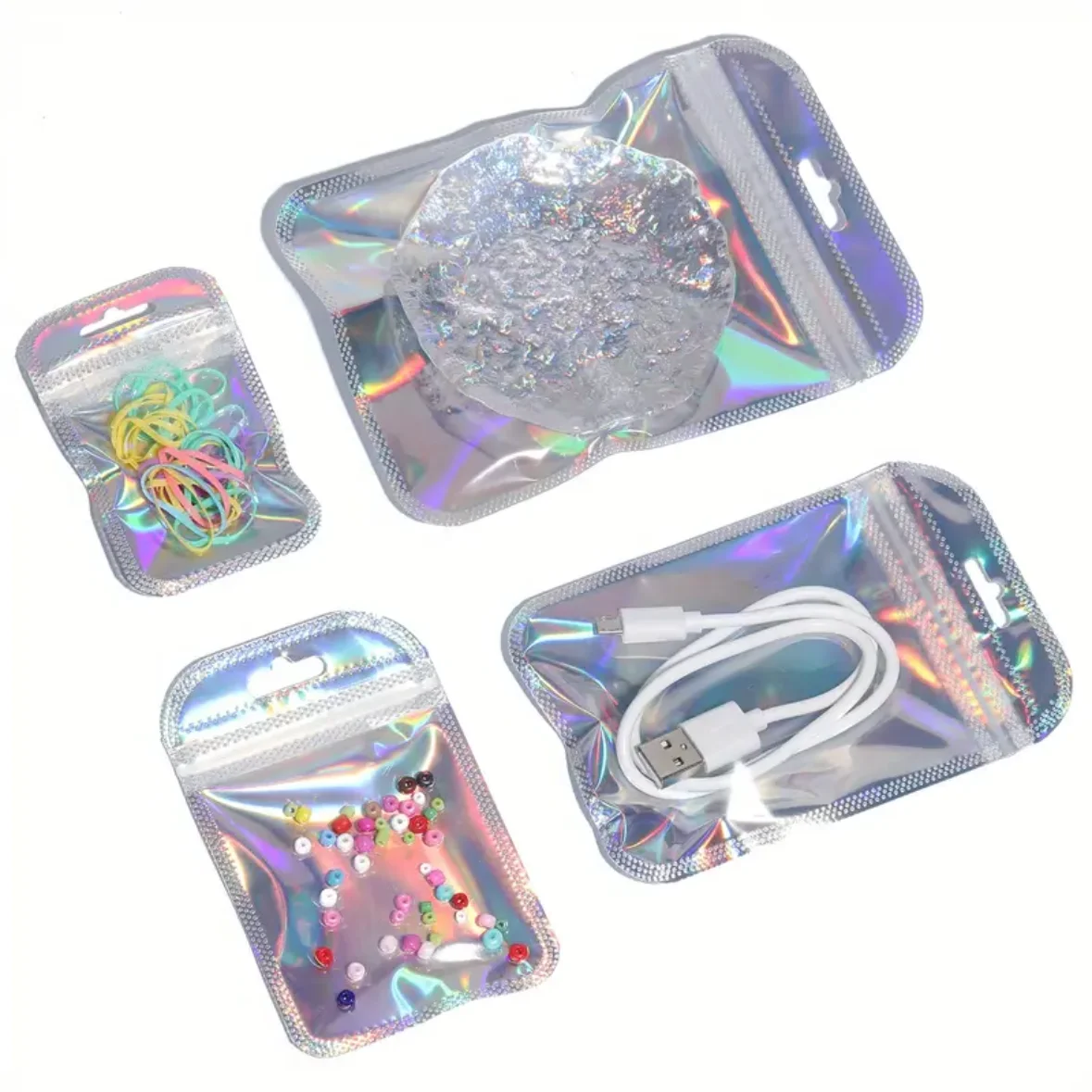 50 Stück/Lot Selbstversiegelnde Plastik-Laserbeutel Wiederverwendbare Geschenk-Aufbewahrungstasche mit Klarsichtfenster für Ornament-Beutel und Süßigkeiten-Verpackung – Detail 4