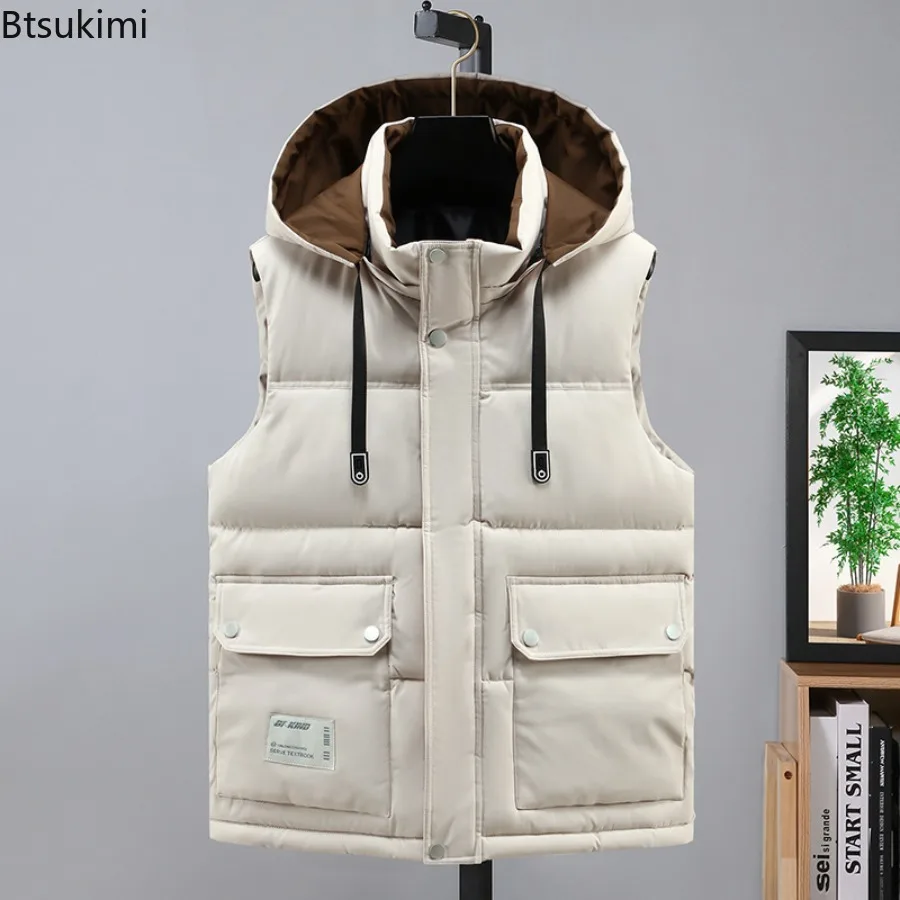 2025 Men's Cotton Vest Winter New Hooded Cotton Camisole Jacket Casual Korean Version Detachable Hat Vest Tooling Male Clothing