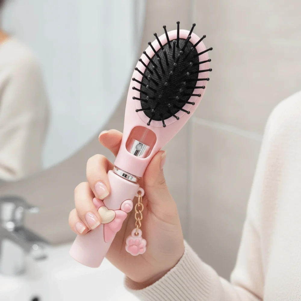 Multi-Function Bowknot Spray Massage Comb Cat Paw Pendant Anti-Frizz Refillable Spray Hair Brush Anti-Static Hair Care