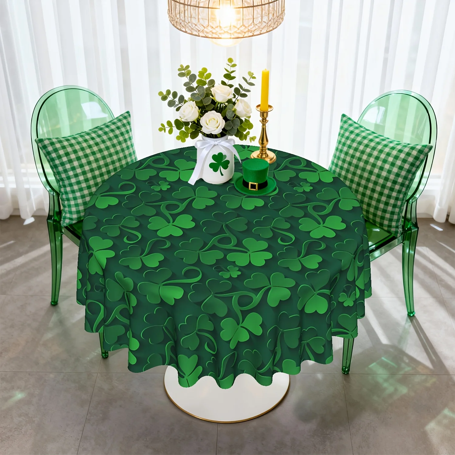 1 piece, polyester tablecloth, St. Patrick's Day tablecloth, spring green clover tablecloth