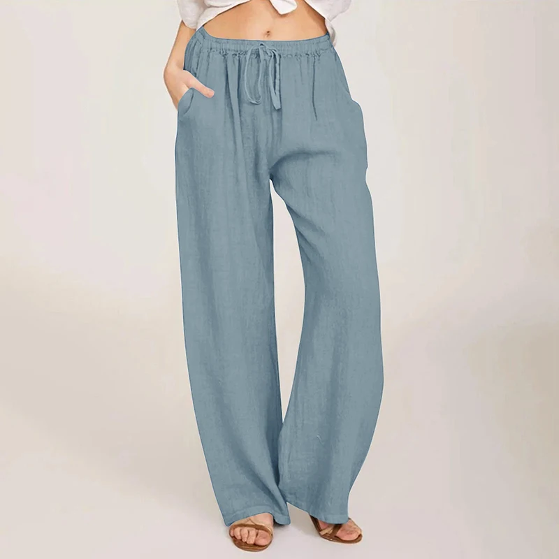 Epligg Summer Autumn Cotton Linen Wide Leg Pants for Women Pants Full Length Casual Pants Female Solid Loose Straight Trousers