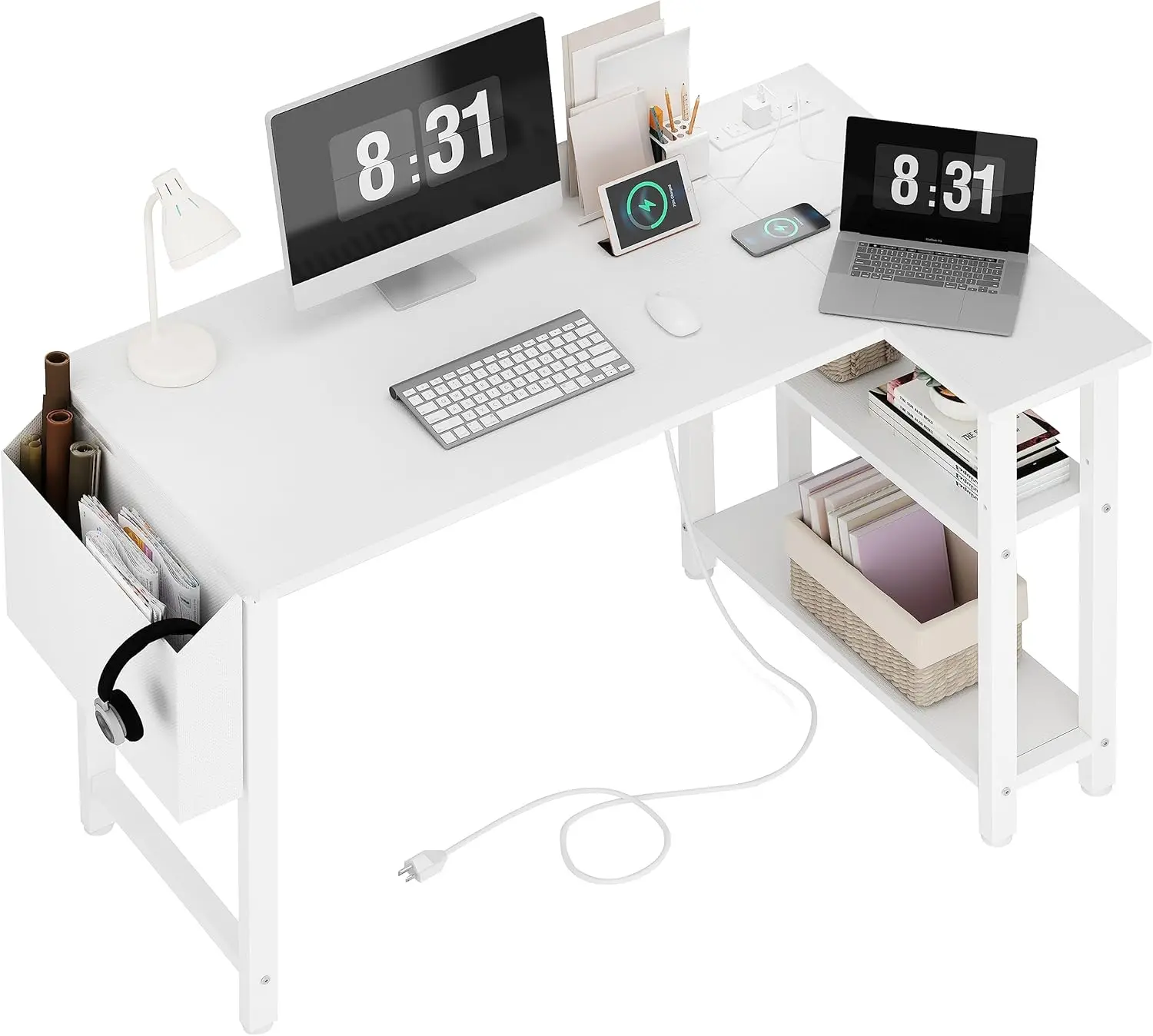 

40" L-Shaped Computer Desk with Power Outlet & Shelves, Reversible Corner Desk for Home Office, White