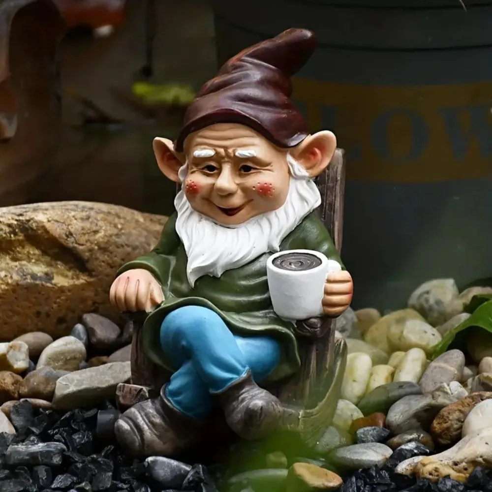 Outdoor Garden Decoration Gnome Dwarf Rocking Chair Ornament Resin Patio Leisurely Drinking Tea Lazy Decoration Crafts Gift