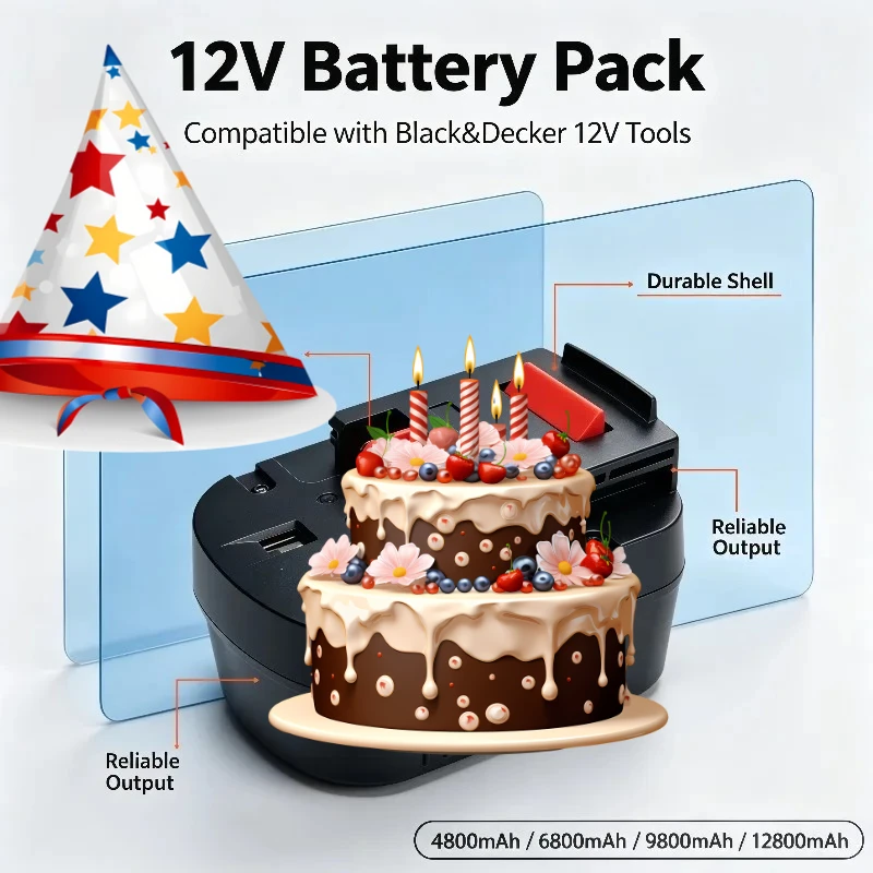 Premium Nickel‑Metal Hydride Battery 12V 4800‑12800mAh Rechargeable Replacement For Black&Decker BDBN1202 BDG1200K BD18PSK