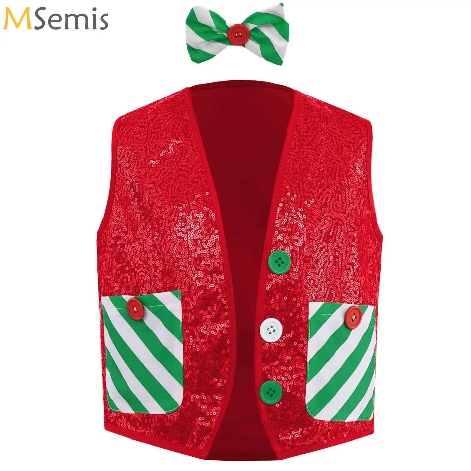 

Boys Christmas Santa Elf Waistcoat Shiny Sequins New Year Performance Party Jazz Disco Hip Hop Dance Vests Jacket Top Costume