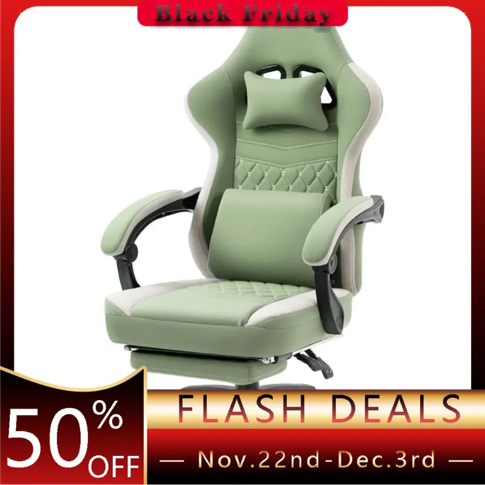 Gaming Chair，with Pocket Spring Cushion,Comfortable Office Chair with Gel Pad and Storage Bag,  with Footrest,Green