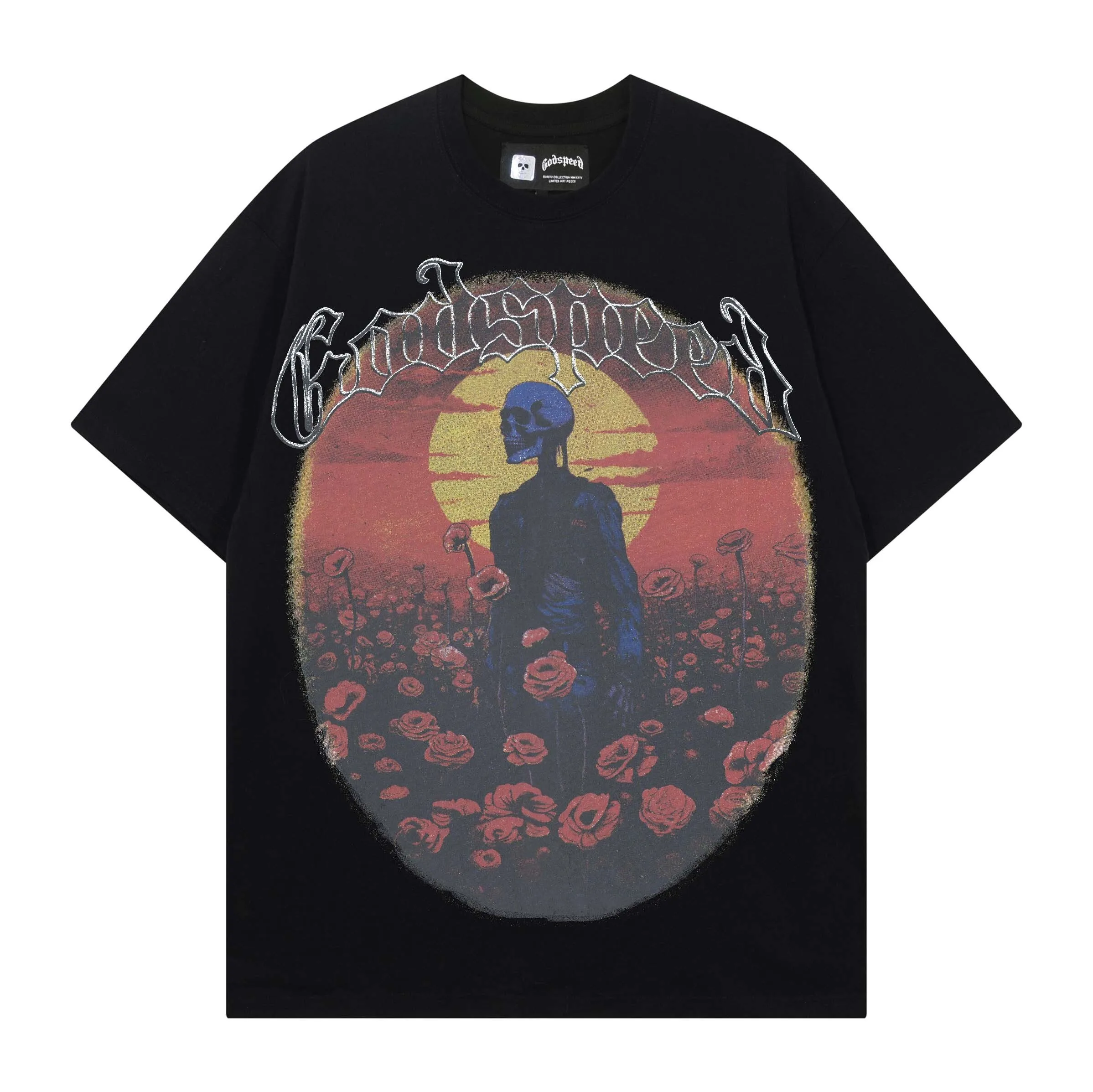 Godspeed Rose Skull Print High Street Hip Hop Rock Loose Double Weave Heavyweight Pure Cotton Short Sleeve T-Shirt