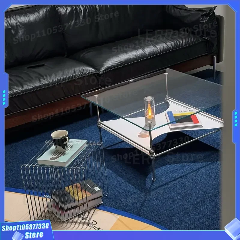 Nordic Wabi Sabi Square Glass Coffee Table Designer Stainless Steel Base Retro Medieval Style Special Shaped Living Room