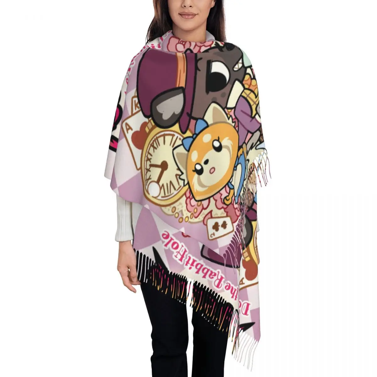 

Custom Stylish Japan Anime Aggretsuko Cartoon Tassel Scarf Women Winter Warm Shawls Wraps Female Scarves