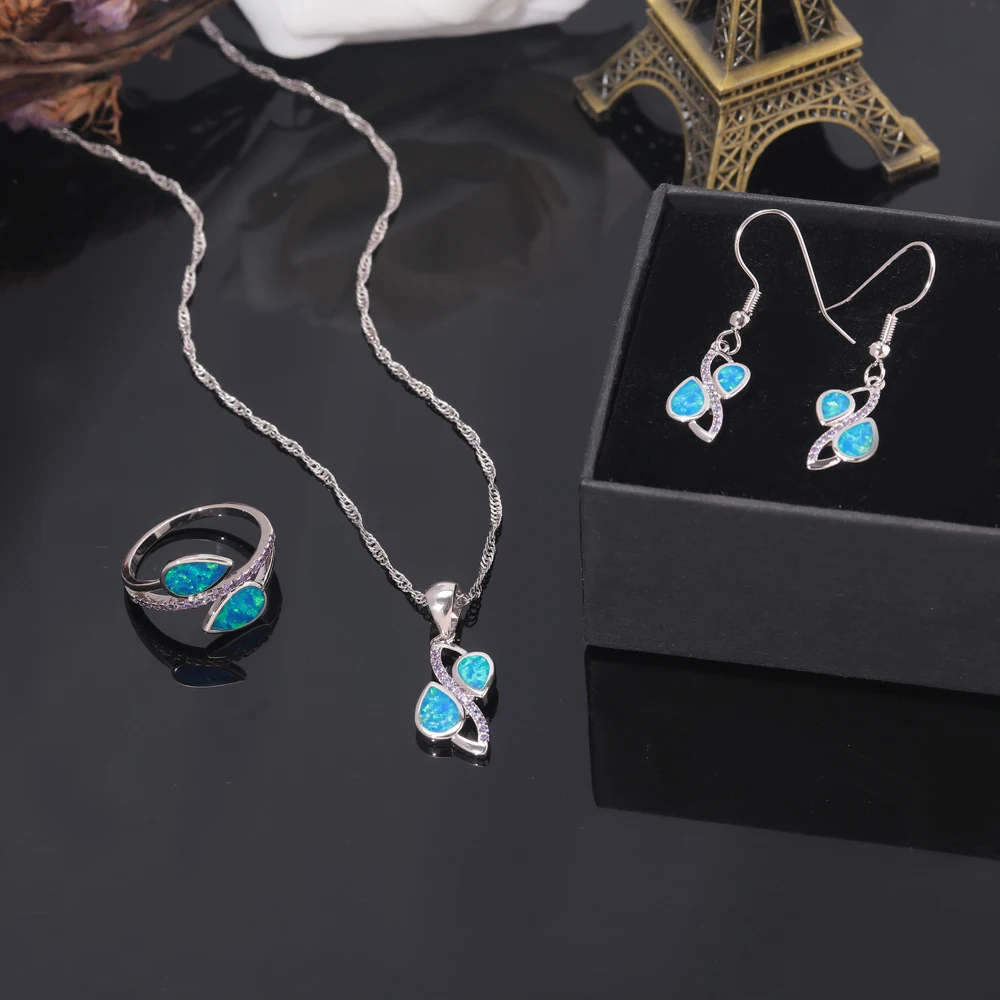 CiNily Created Blue Fire Opal Purple Zircon Silver Plated Wholesale for Women Jewelry Ring Pendant Earrings Jewelry Set OT162