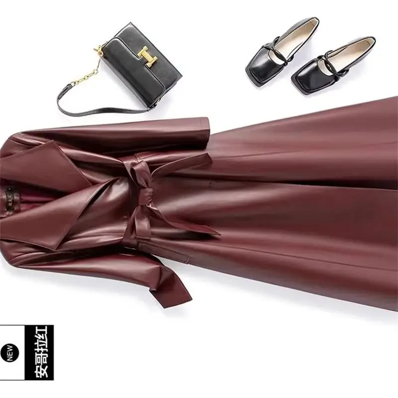 Autumn Winter New High Quality PU Leather Coat Women medium to long Slim Suit Collar Leather Jacket Female's Windbreakers Coat